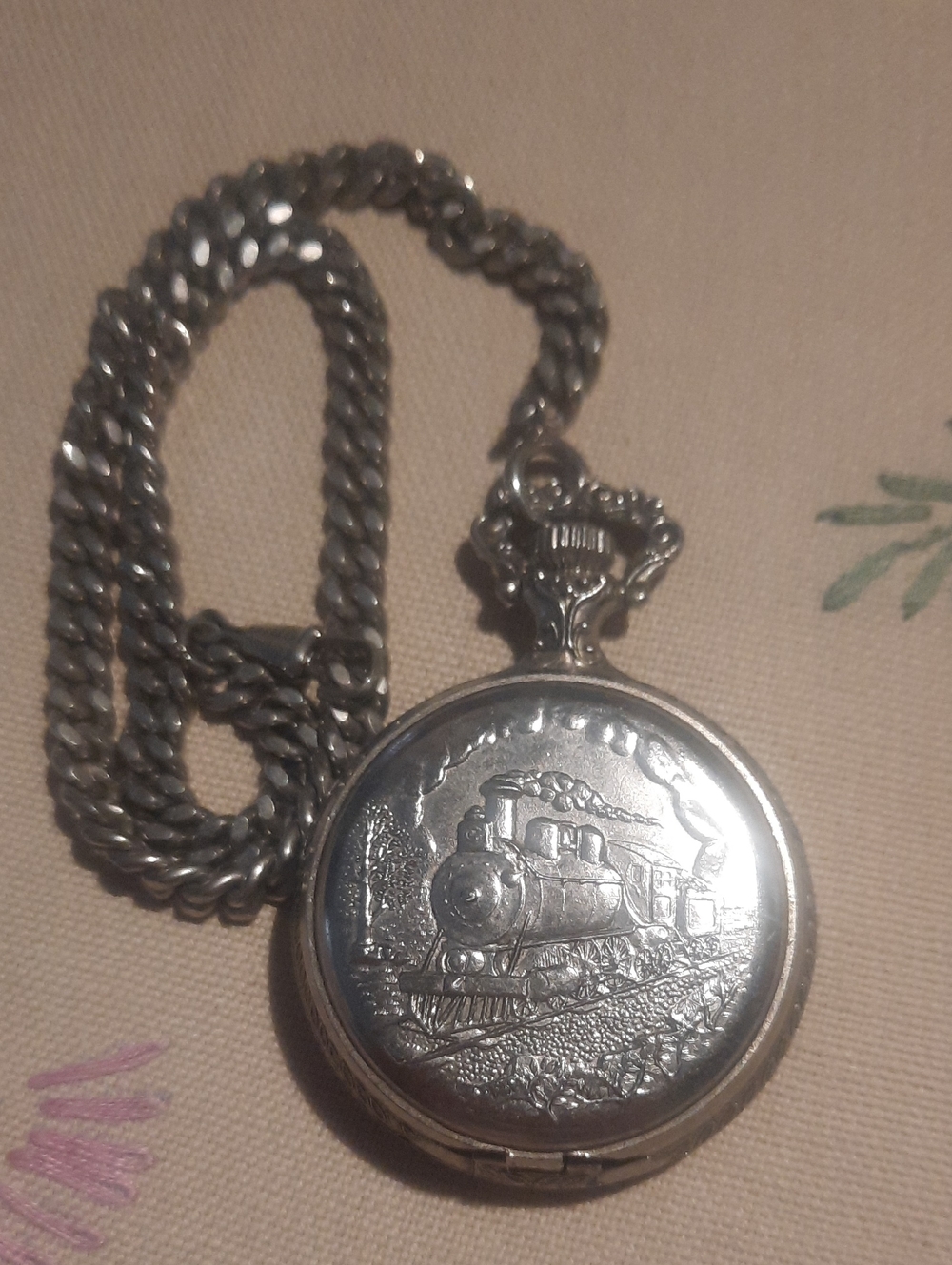 Westclock Silver Train-Engraved Pocket Watch Necklace - Men Accessories